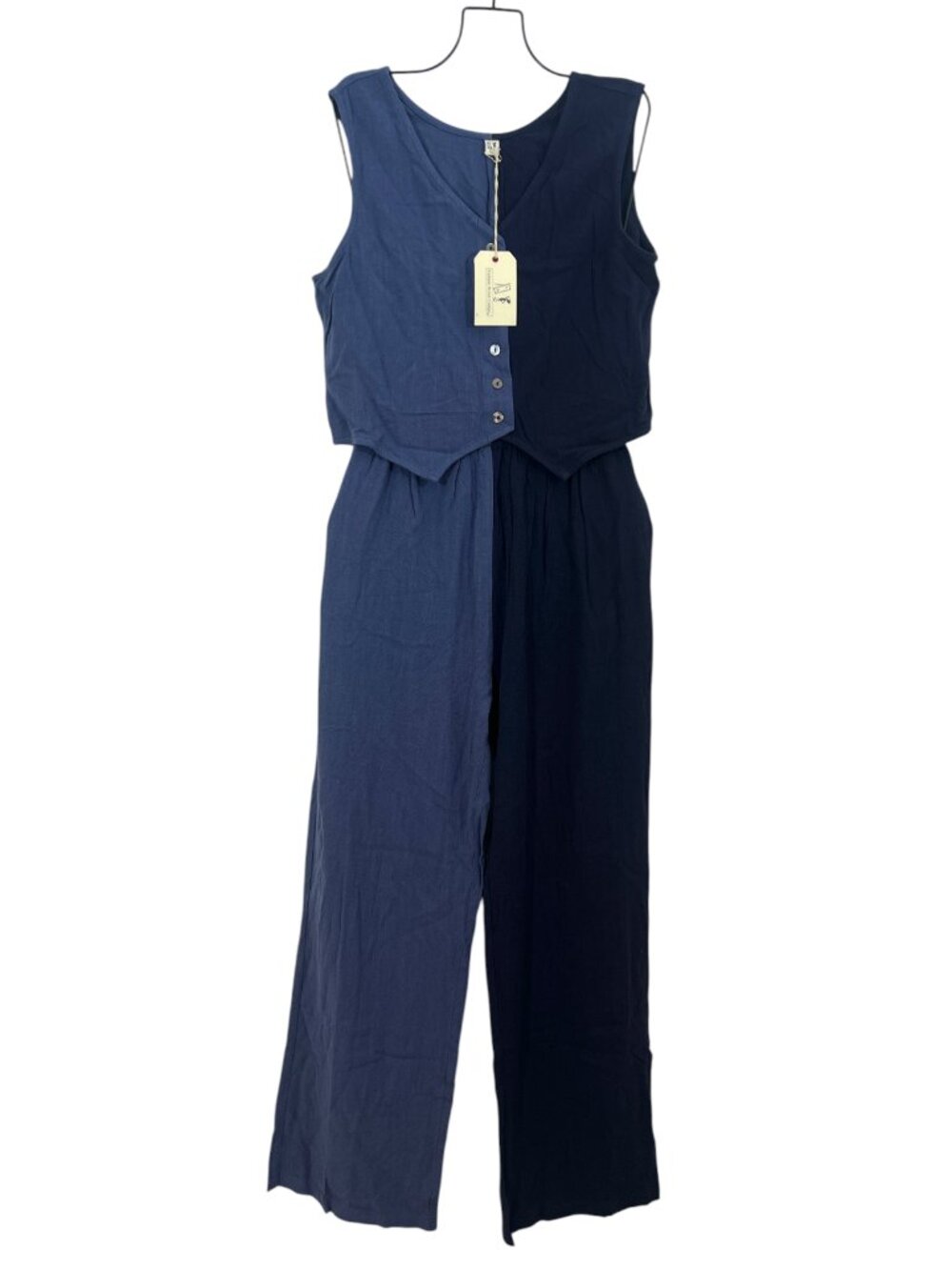 Fashion Brand Company Soft Linen Lazy Pant Vest Set Colorblock Blue/ Navy $198